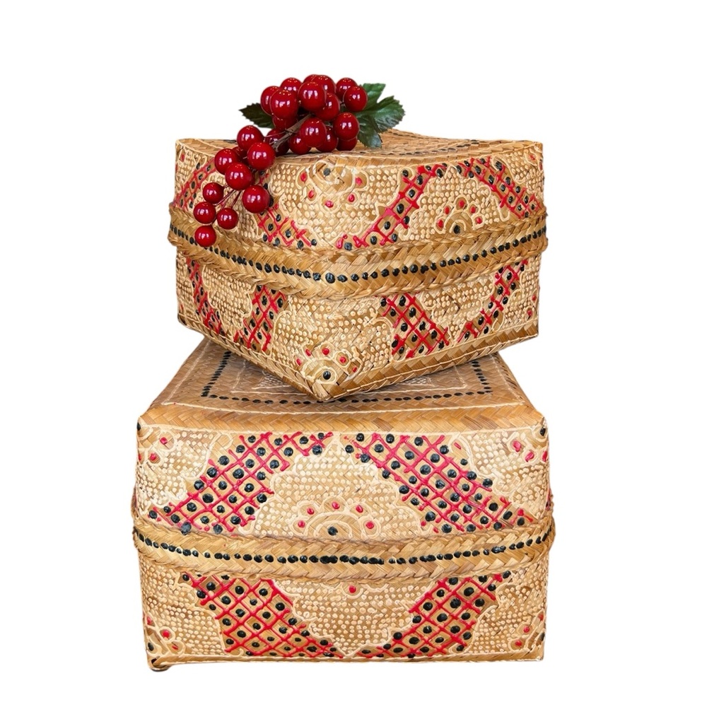 Handwoven Hand Painted Decorative Stacking Storage Nesting Baskets 7" & 10" SQ